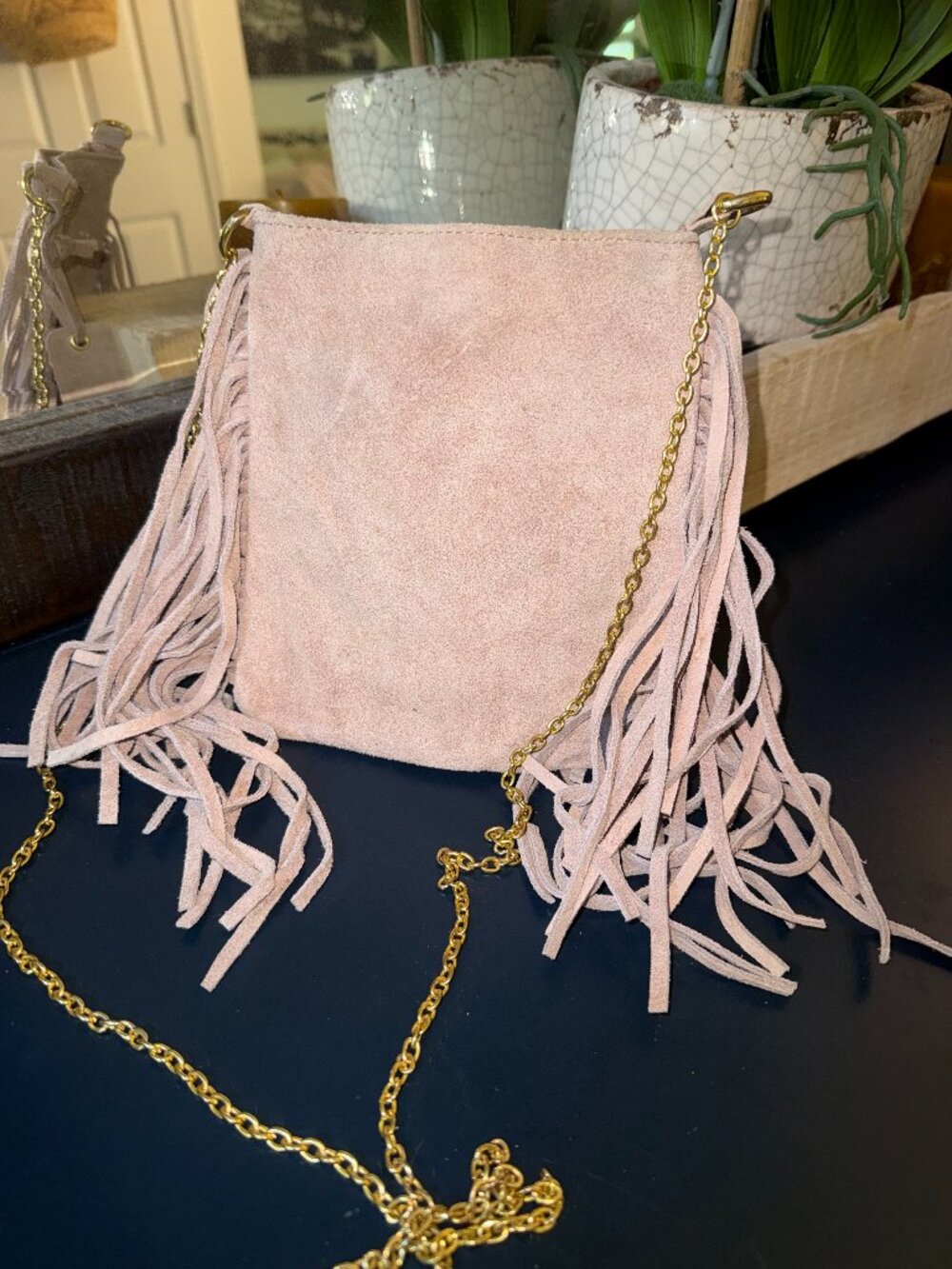Genuine Suede Dusty Pink Fringe Purse